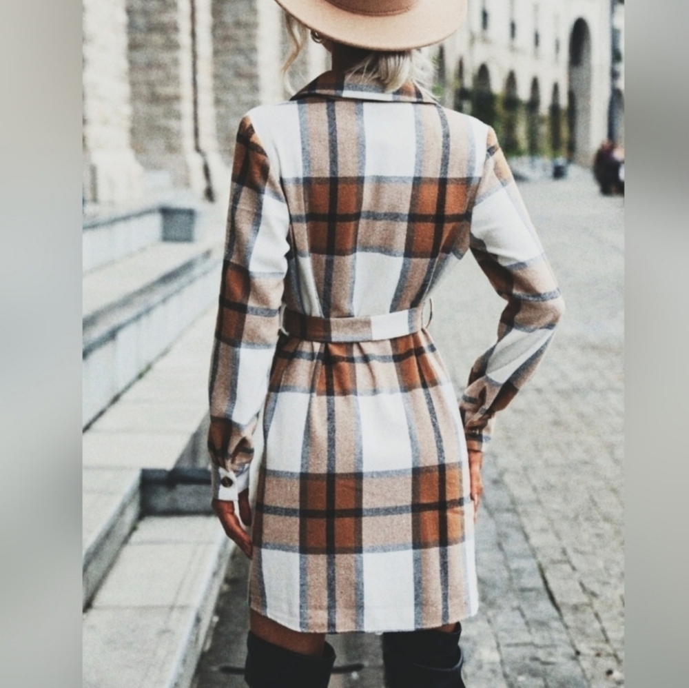 NEW Distressed Cozy Flannel Plaid Shirt Dress Shacket Tan White Black Button Up - Picture 3 of 9